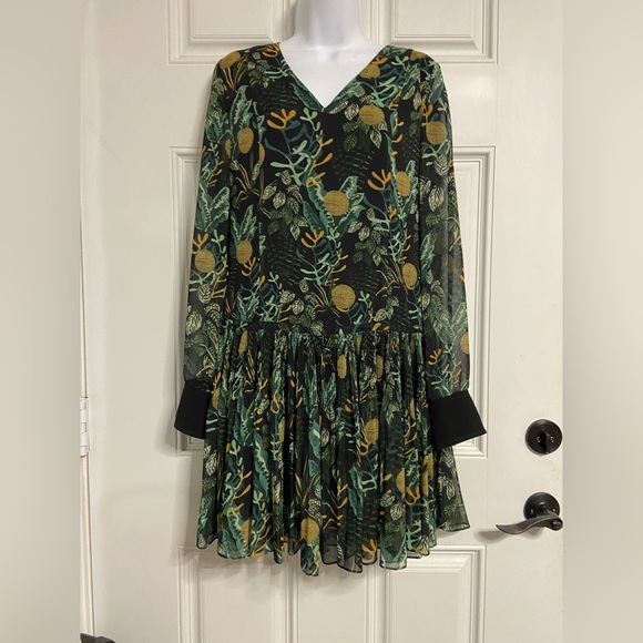 T19a- GREY By JASON WU Green Floral Peasant DROP WAIST Midi Dress - Picture 1 of 9